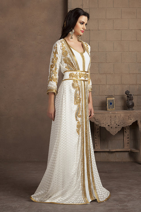 Gleaming off white party wear handmade moroccan style kaftan