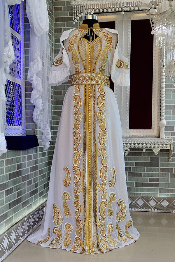 Grand White Moroccan Wedding Kaftan Gown with Heavy Gold Zari Work | Luxury Bridal Dress