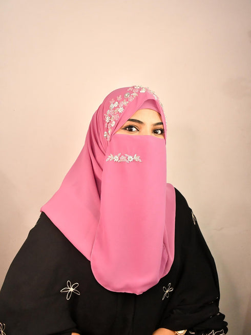 Purple luxury bridal wedding wear hijab scarf with handwork naqab