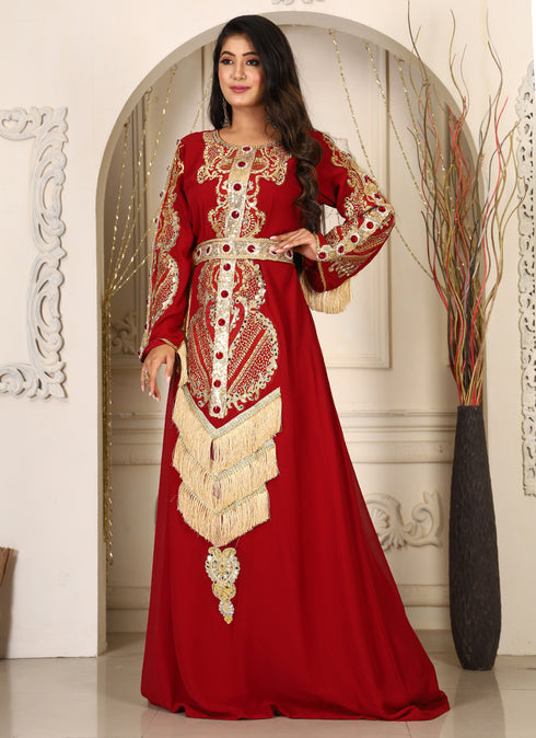 Maroon maxi designer moroccan kaftan arabic wedding stylish israeli embroidery takchita party wear wedding kaftan
