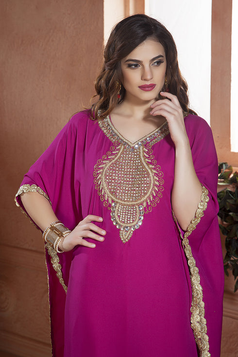 Hand beaded georgette fuchia free size kaftan saudi arabic style