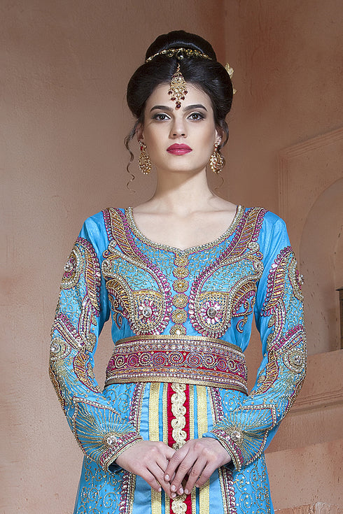 Firozi and dark pink designer partywear dubai dress moroccan style arabic long sleeve wedding caftan