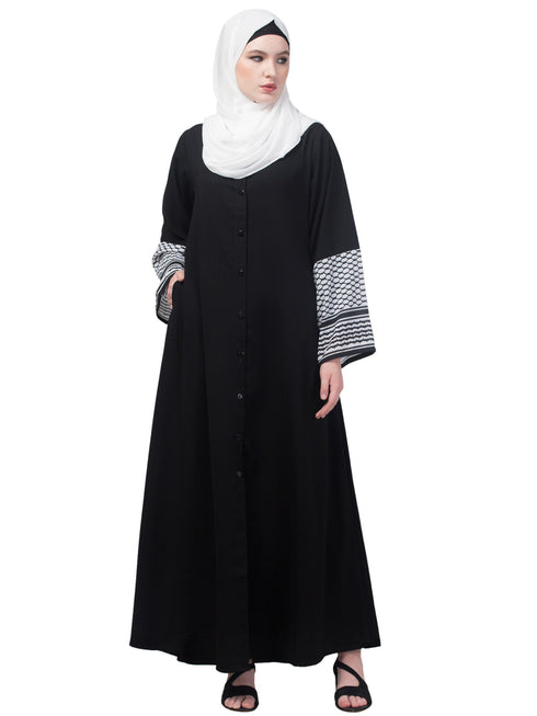 Black and White Nida Printed Abaya
