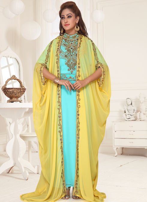 Yellow embroidered georgette islamic-kaftans