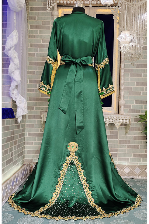 Bottle green moroccan embroidery maxi wedding kaftan