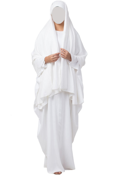 White two pieces set of white kaftan abaya and irani chadar in firdaus fabric