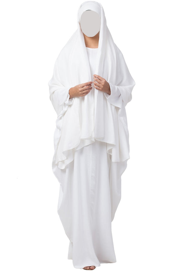 White two pieces set of white kaftan abaya and irani chadar in firdaus fabric
