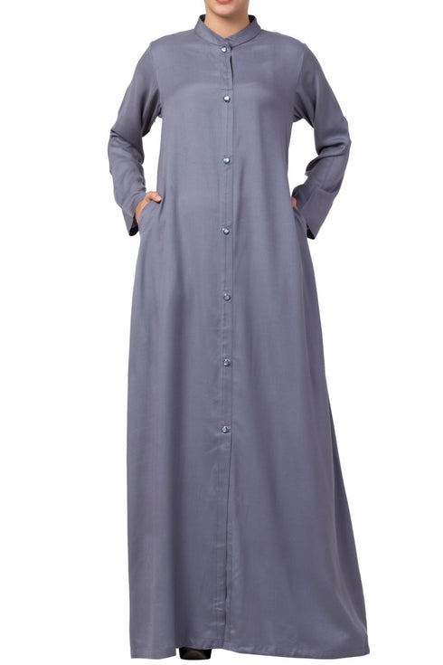 Grey simple front open abaya in rayon fabric with pockets