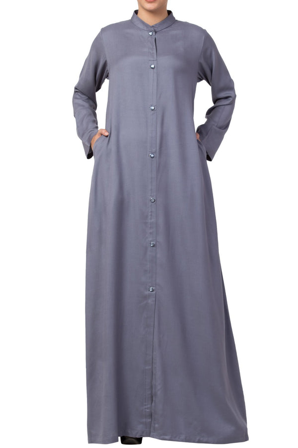 Grey simple front open abaya in rayon fabric with pockets
