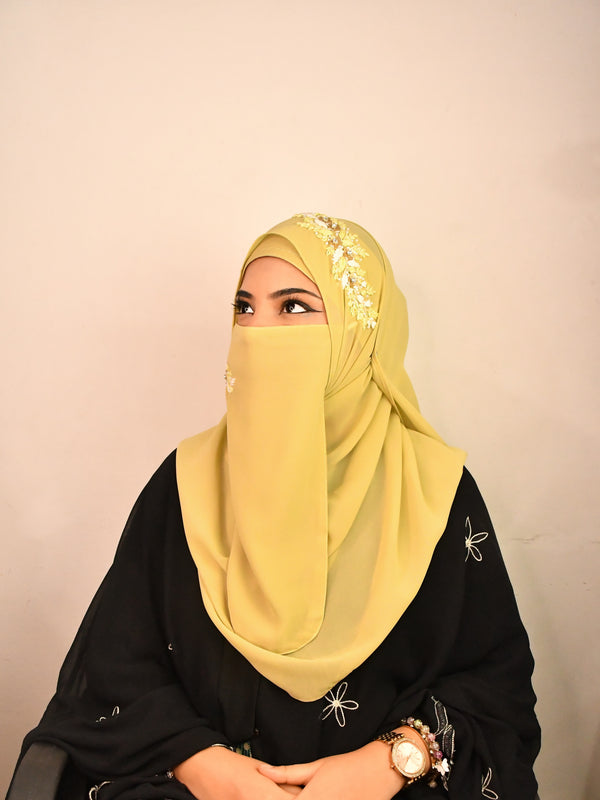 green party wear hijab scarf with handwork naqab