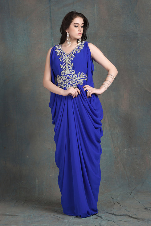 Blue sleeveless kaftan dress-georgette hand beaded designer kaftan