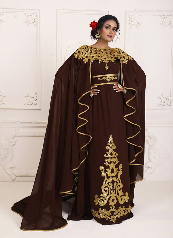 Brown and gold embroidery israeli dress islamic design kaftan takchita wedding party wear kaftan