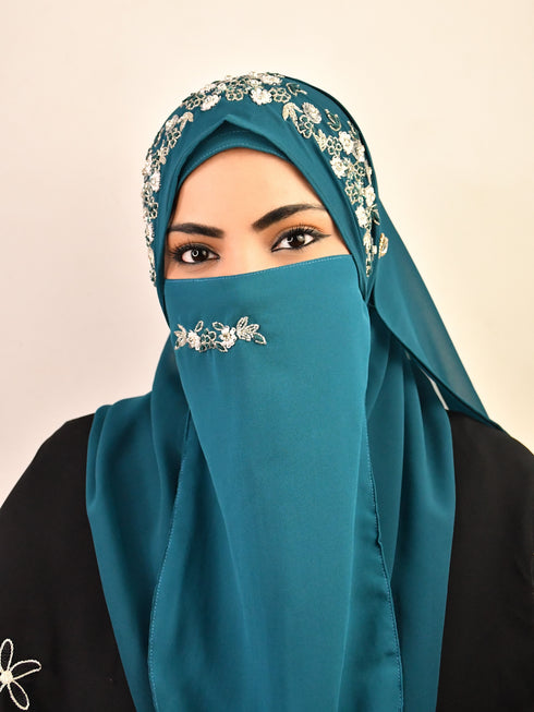 Teal luxury bridal wedding wear hijab scarf with handwork naqab