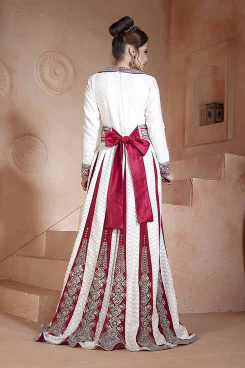 Off white and maroon embroidered & handmade moroccan wedding long sleeve dress kaftan