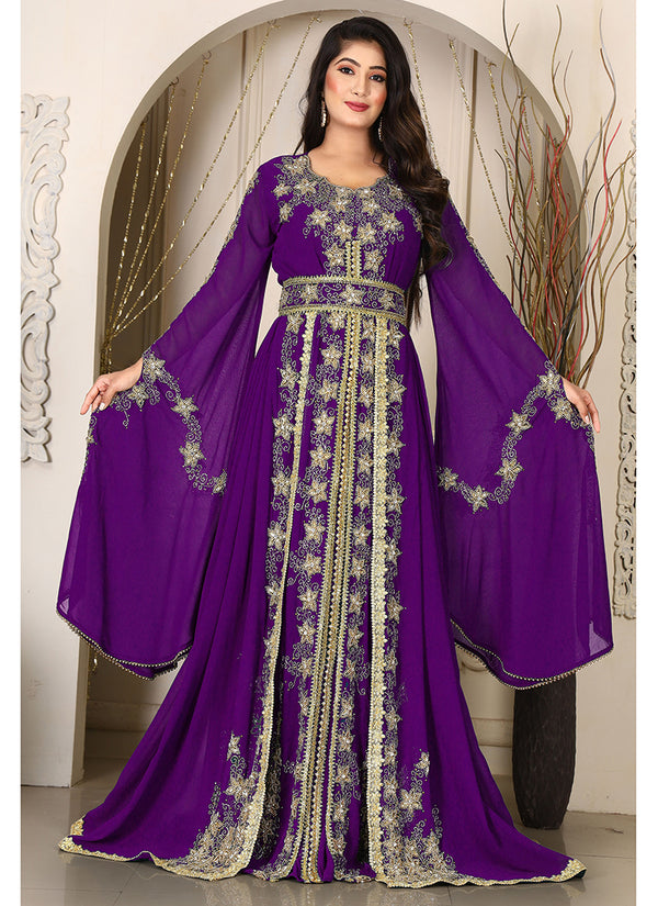Purple islamic wedding designer arabic maxi hand beaded dubai ladies long sleeve moroccan arabic party wear kaftan