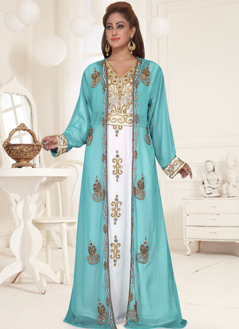 Turquoise embroidered georgette islamic-kaftans With Sun-proof hijab.