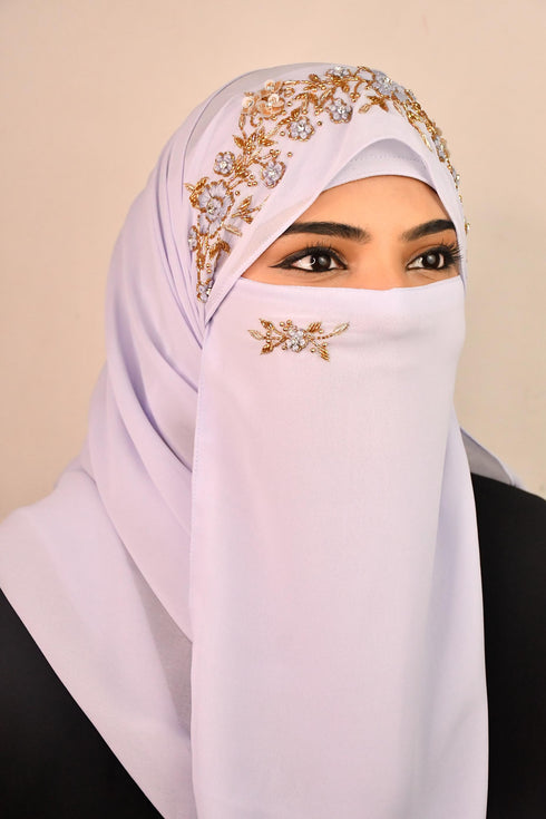 Lavender luxury bridal wedding wear hijab scarf with handwork naqab