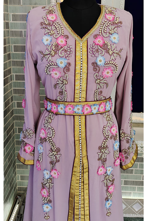 Moroccan islamic gleaming party wear fancy flower work kaftan