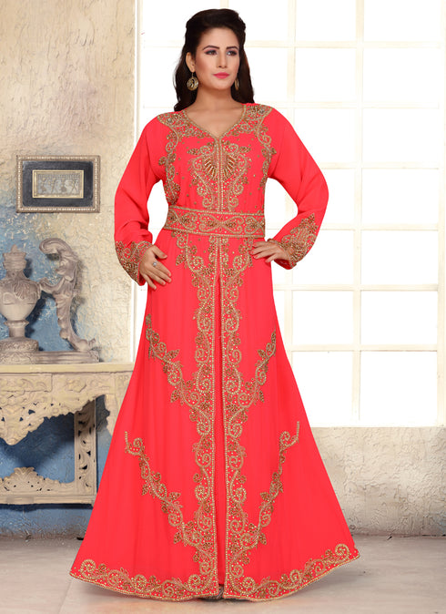 Pink embroidered georgette islamic kaftans with hijab