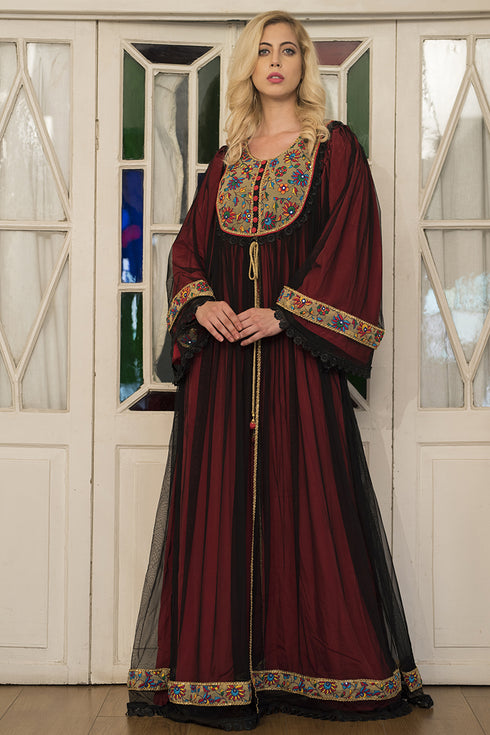 Black and red embroidery maxi kaftan