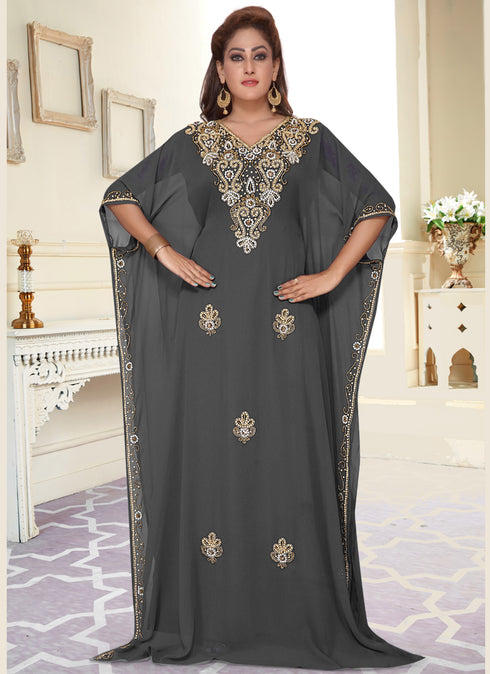 Grey embroidered georgette islamic-kaftans With Sun-proof hijab.