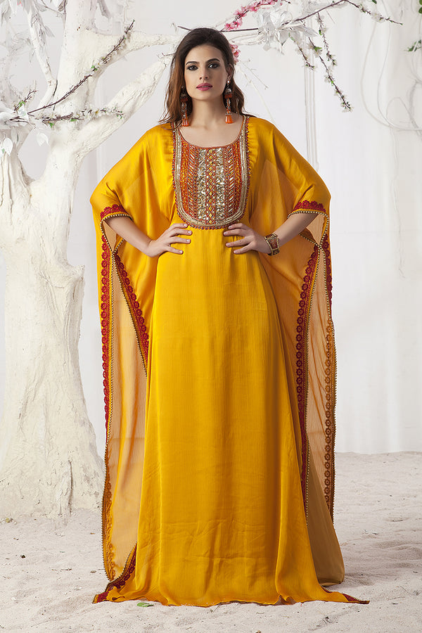 Hand beaded party wear golden yellow kaftan dress