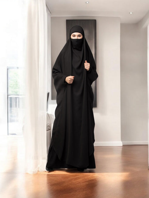 Black full length single piece jilbab with adjustable mouthpiece