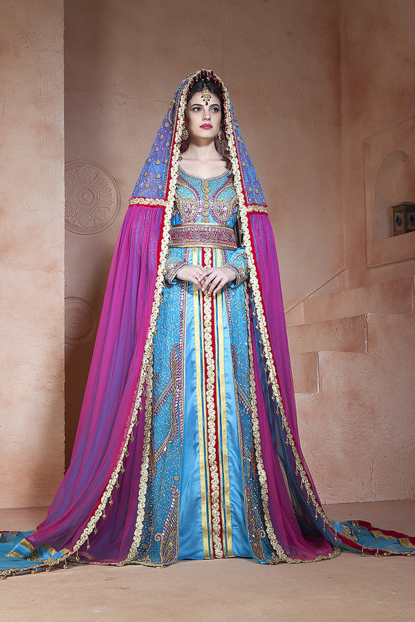 Firozi and dark pink designer handmade arabic moroccan muslim long sleeve wedding caftan with vail