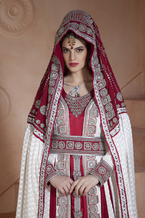 White and Maroon Georgette Moroccan Wedding Kaftan