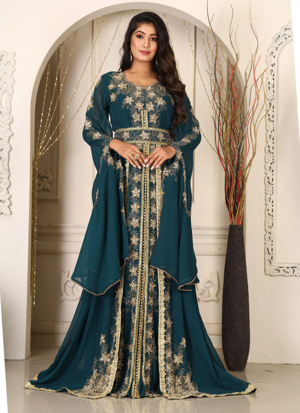 Bottle green islamic wedding designer arabic maxi hand beaded dubai ladies long sleeve moroccan arabic party wear kaftan