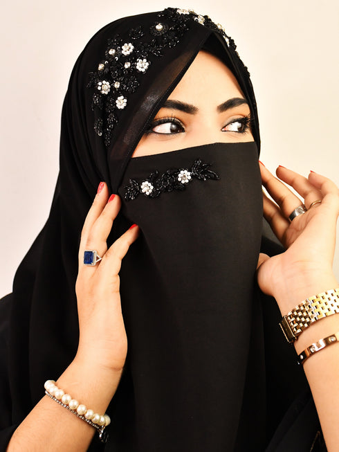 Black luxury bridal wedding wear hijab scarf with handwork naqab