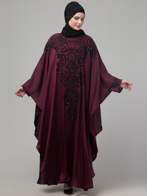Wine double layer hand embroidered abaya with contrast hijab