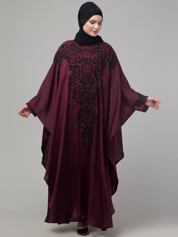 Wine double layer hand embroidered abaya with contrast hijab