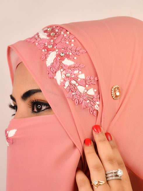 Pink party wear hijab scarf with handwork naqab
