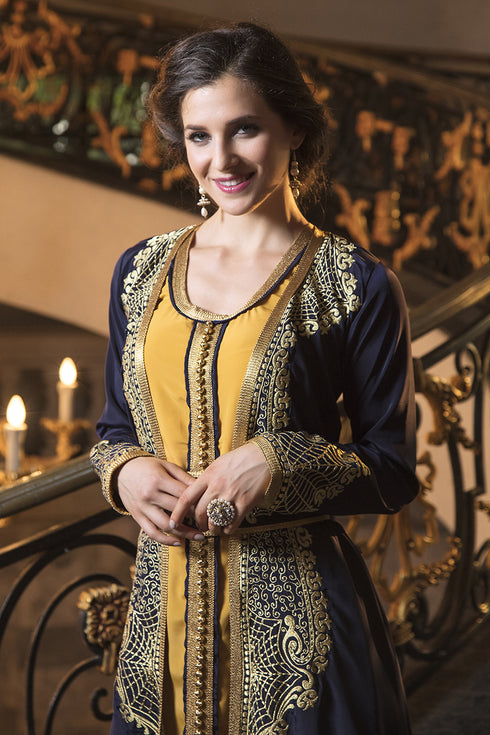 Dark blue thread work style fabric dubai party wear designer kaftan