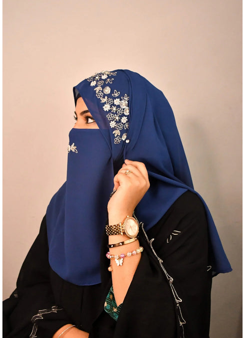 Blue luxury bridal wedding wear hijab scarf with handwork naqab