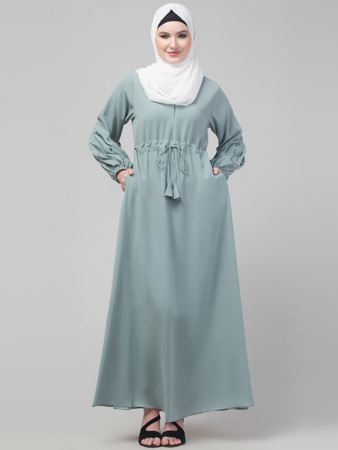 Sage Adjustable waist pleated sleeve abaya with hijab