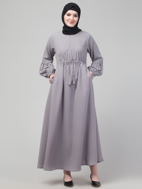 Light Grey Adjustable waist pleated sleeve abaya with hijab