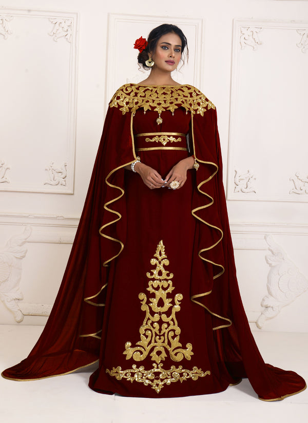 Maroon and gold embroidery israeli dress islamic design kaftan takchita wedding party wear kaftan