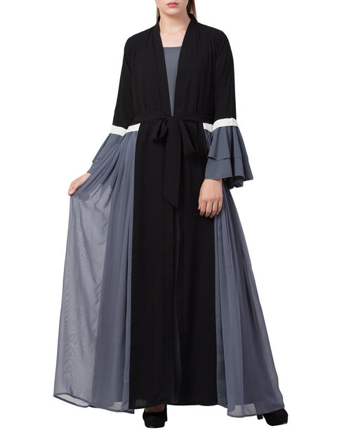 Grey stylish dress with attached shrug and a belt in multi color