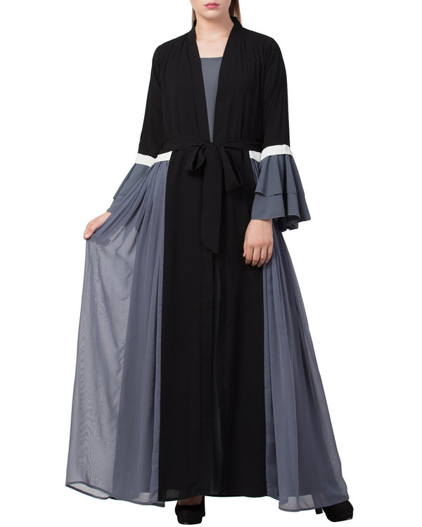 Grey stylish dress with attached shrug and a belt in multi color