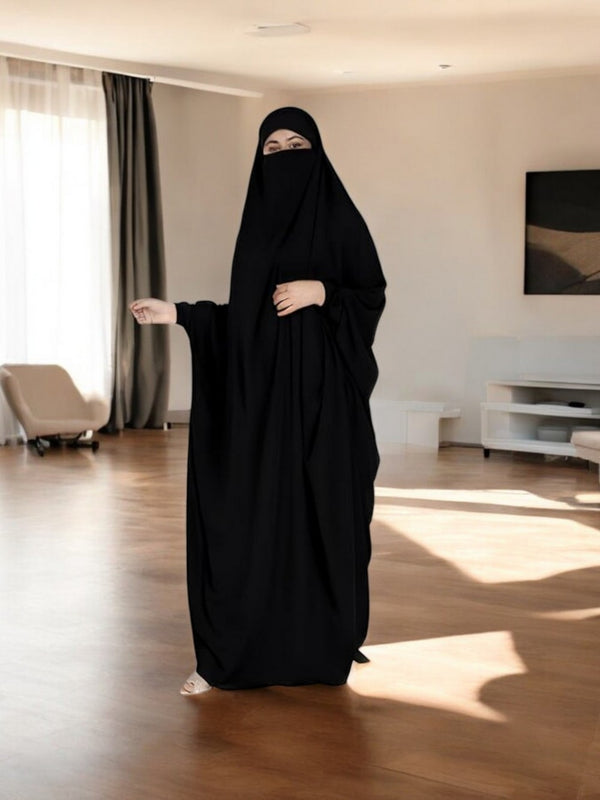 Black one piece jilbab with adjustable nose piece