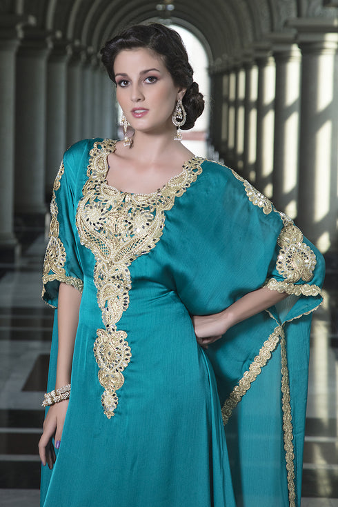 Evening dress sea green arabic free size kaftan