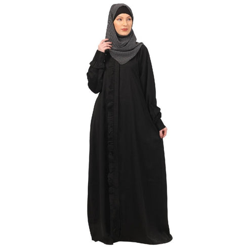 Black front open shirt collar abaya-black