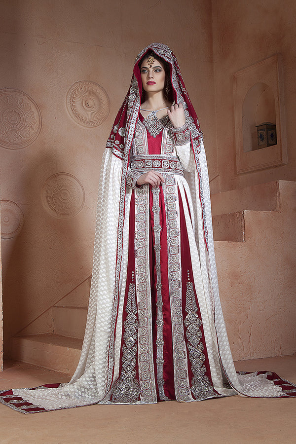 White and Maroon Georgette Moroccan Wedding Kaftan