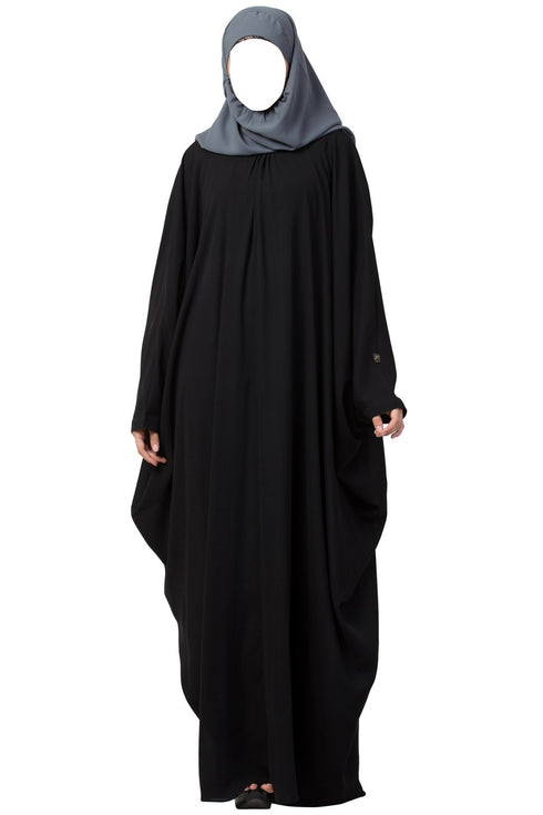 Black simple yet elegant islamic kaftan abaya with pleats on neck