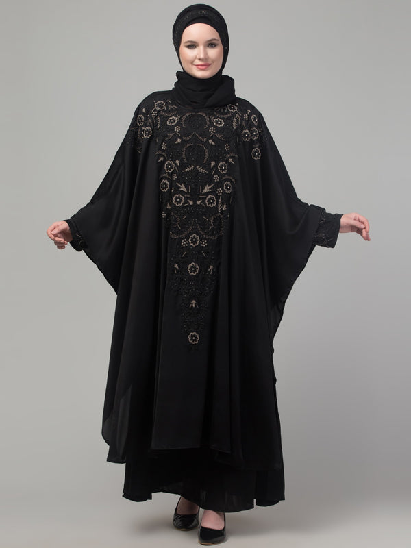 Black double layer front and sleeve hand embroidered abaya with hijab