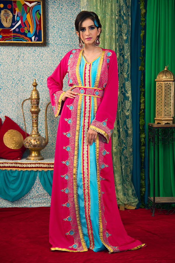 Pink and aqua blue takchita kaftan