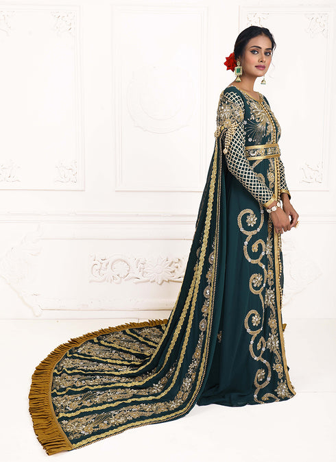 Bottle green good looking wedding hand beaded long sleeve maxi arabic moroccan islamic designer takchita kaftan
