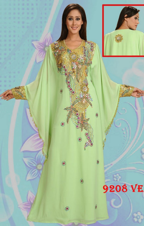 Light-parrot-green embroidered georgette islamic-kaftans